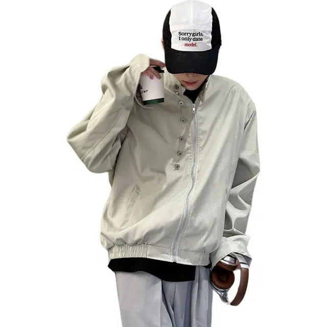 冈哉 美式复古工装简约立领抽绳纽扣装饰外套春秋款机车痞帅高街百搭休闲宽松拉链个性舒适潮流日常通勤夹克 男女同款
