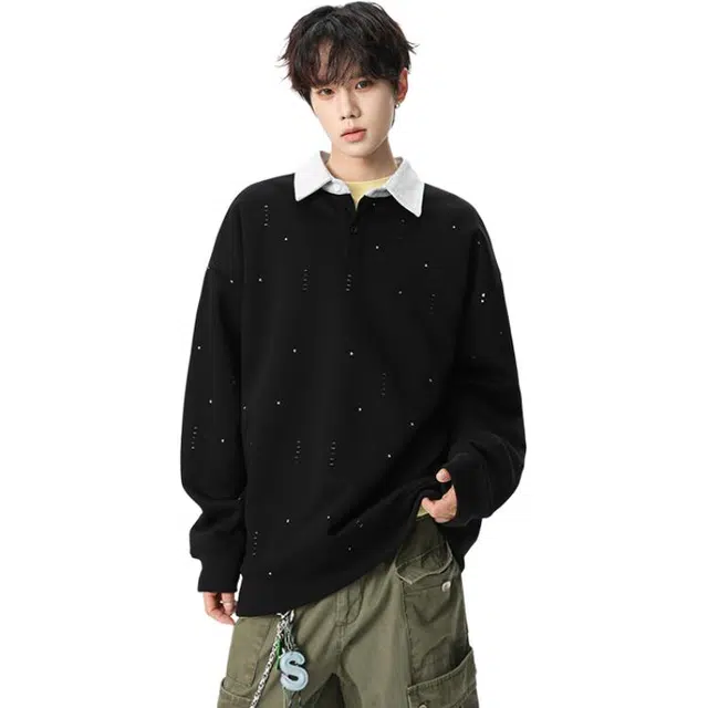 洋气先生 美式复古高街痞帅撞色拼接设计学院风少年感慵懒感时尚圆领长袖落肩袖个性套头潮流基础款宽松无性别主义上衣卫衣 男女同款