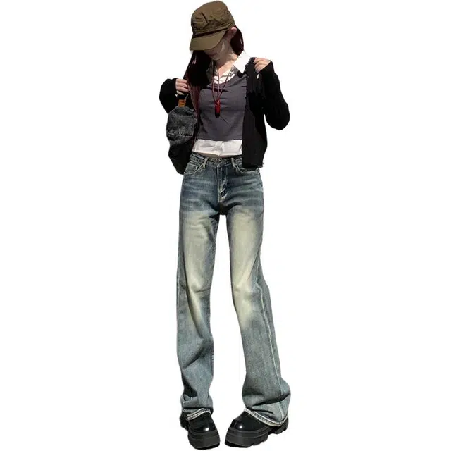 小卷要加油 复古做旧窄版直筒女秋季高腰显瘦显高小个子裤子 牛仔裤 女款