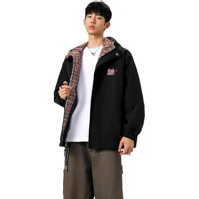 洋气先生 美式复古简约小恶魔印花小香风连帽时尚百搭小众高级感潮流帅气日常通勤运动休闲宽松防风保暖耐磨无性别主义外套夹克 男女同款