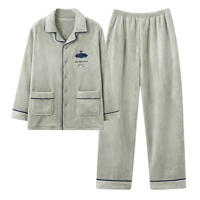 俏霓桐 时尚简约蓄温法兰绒保暖加绒双口袋翻领长袖长裤家居服可外穿睡衣套装 男款