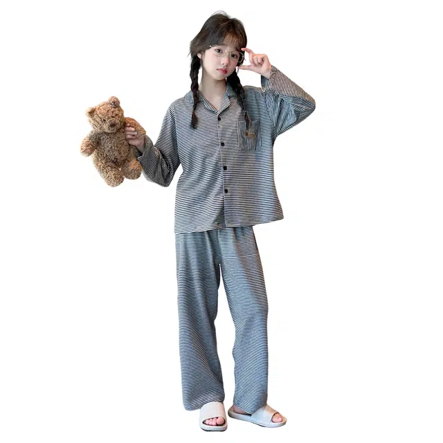 浪莎家居服套装 春秋 洋气舒适条纹睡衣两件套 灰色青少年