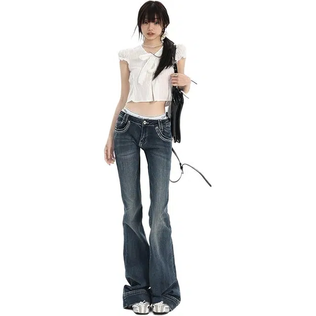 小卷要加油 美式低腰微喇女秋季辣妹修身显瘦喇叭马蹄拖地裤子牛仔裤 女款