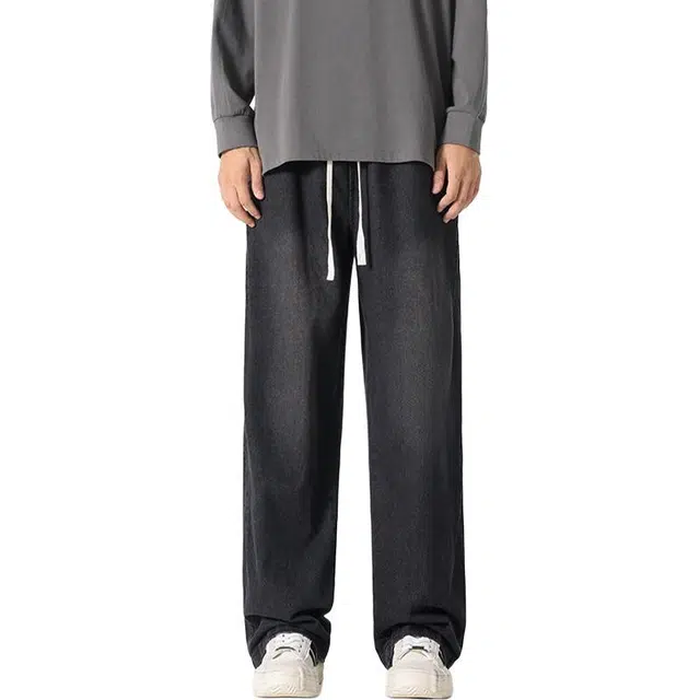 佐菲利 美式复古水洗松紧腰抽绳潮牌宽松百搭直筒休闲裤牛仔裤 男女同款