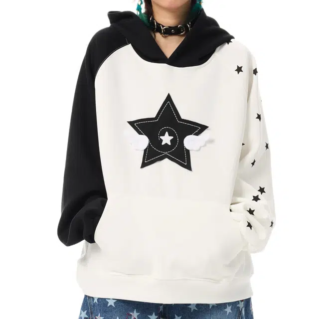 兰缪 可爱日常设计感星星翅膀华棉复合牛奶丝学院风甜酷潮流简约上衣连帽卫衣 女款