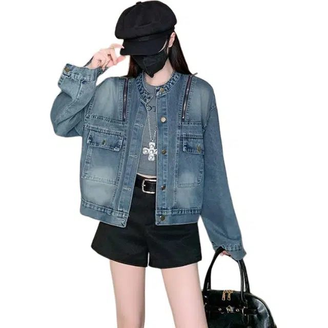 思蓓儿 辣妹长袖女秋季宽松拉链短款复古上衣牛仔外套 女款