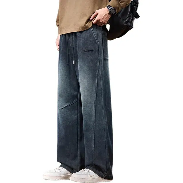 协协乐 美式复古扎染做旧机能高街风秋冬季潮牌宽松直筒垂坠感阔腿拖地裤青少年弹力抽绳痞帅百搭休闲运动长裤工装裤 男款