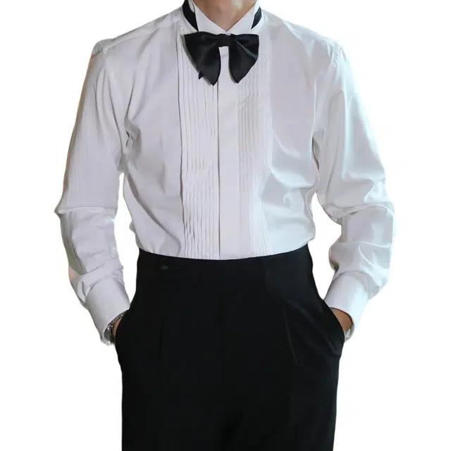 大格子与黑猫 英伦折叠门襟法式翼领宴会新郎伴郎结婚正式衬衫 男款