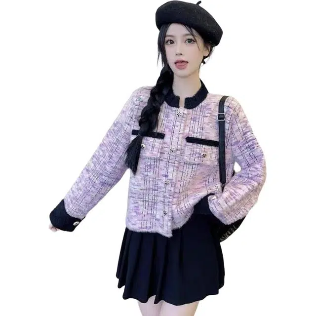 纤丝鸟 简约香风撞色格纹甜美设计感长袖上衣截短外套 女款