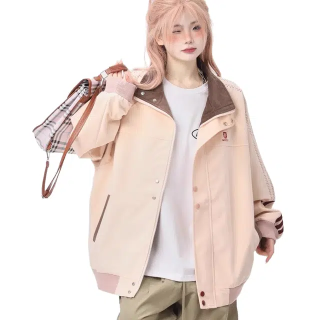 小卷要加油 初秋穿搭美式中性宽松拼接外套女春秋立领棒球服 夹克 女款
