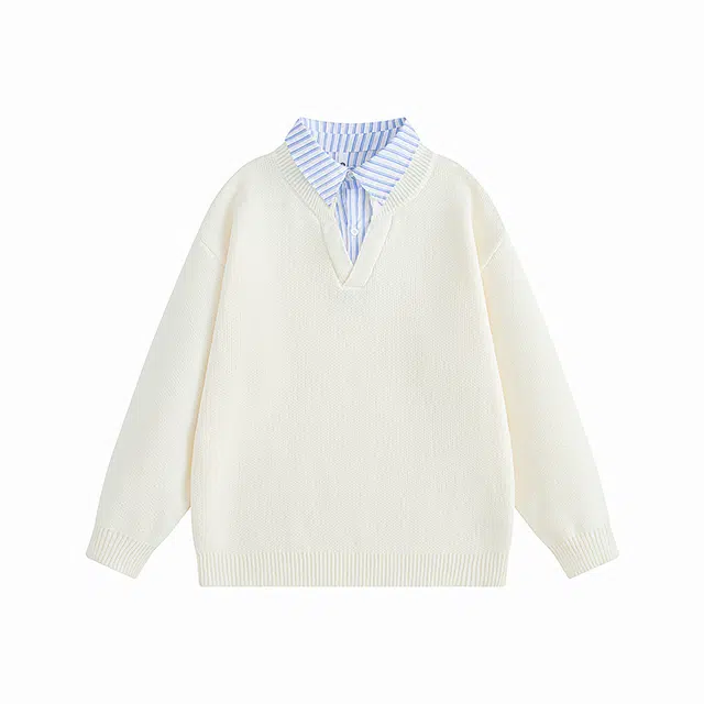 洋气先生 美式时尚潮流简约软糯舒适宽松外穿假两件设计上衣长袖日常通勤潮牌甜美酷帅无性别主义休闲百搭针织衫 男女同款