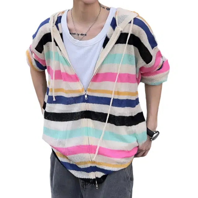 冈哉 撞色彩色条纹慵懒风长袖上衣连帽拉链开衫设计美式复古学院风宽松休闲百搭时尚潮流针织衫 男女同款