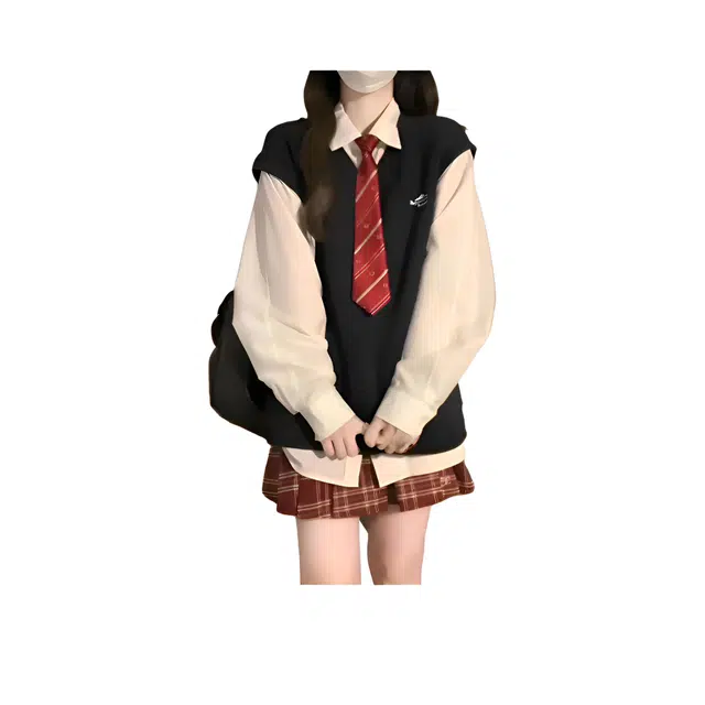 邦固依品 学院风韩系宽松字母刺绣针织马甲衬衫短裙裙装套装 女款