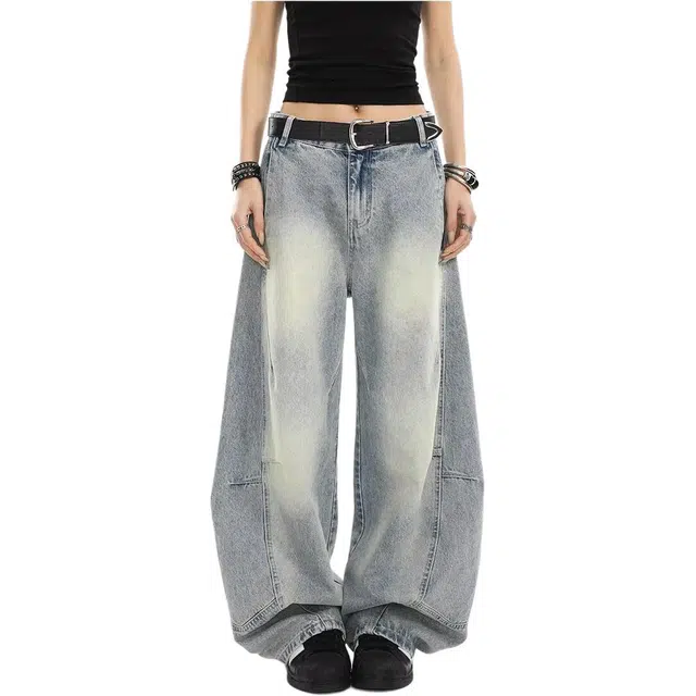 洞洞拐 复古潮牌美式解构弯刀裤春秋宽松水洗做旧牛仔裤拼接设计香蕉镰刀裤休闲裤 男女同款