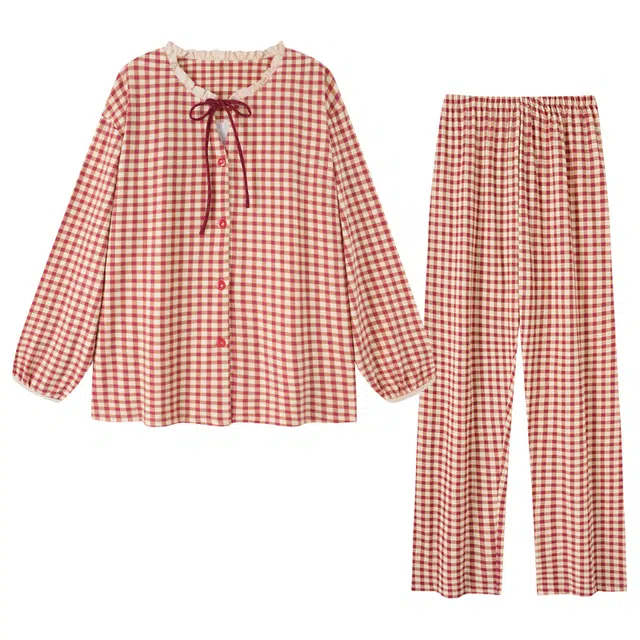 俏霓桐 慵懒格子保暖德绒蓄温甜美休闲简约可爱长袖长裤家居服可外穿睡衣套装 女款