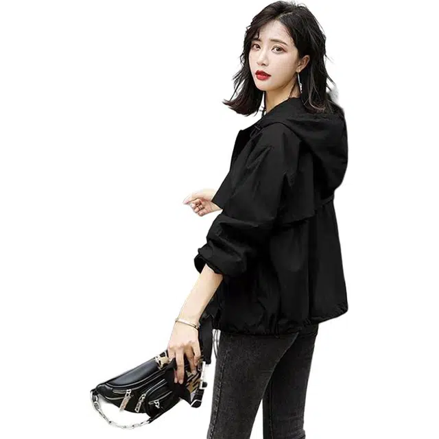 纤丝鸟 时尚修身短款韩版风衣大码休闲宽松连帽工装夹克截短外套 女款