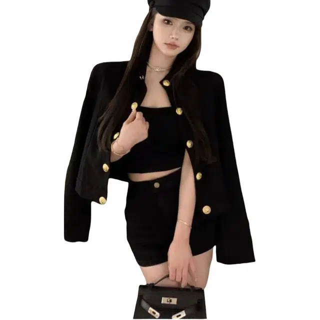 纤丝鸟 甜美小香风时尚百搭短款宽松双排扣设计截短外套 女款