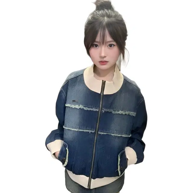 纤丝鸟 复古拼接宽松拉链百搭时尚休闲短款上衣潮截短外套 女款