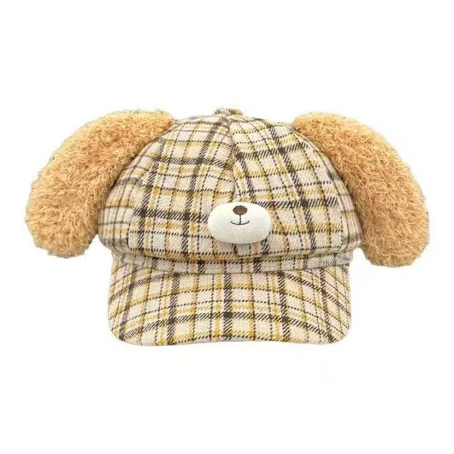 恩僾德 黄油小狗毛绒耳朵格纹八角帽女生秋冬季小众高颜值百搭可爱保暖显脸小日系报童帽 涤纶 鸭舌帽 男女同款情侣款