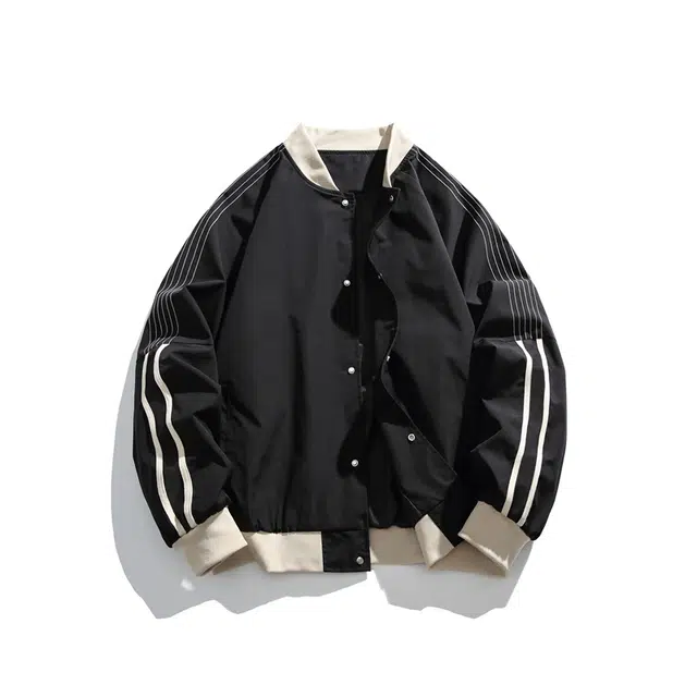 马员外 美式高街复古棒球立领三条杠拼接撞色百搭日常通勤翻领口袋落肩开衫户外夹克 男女同款