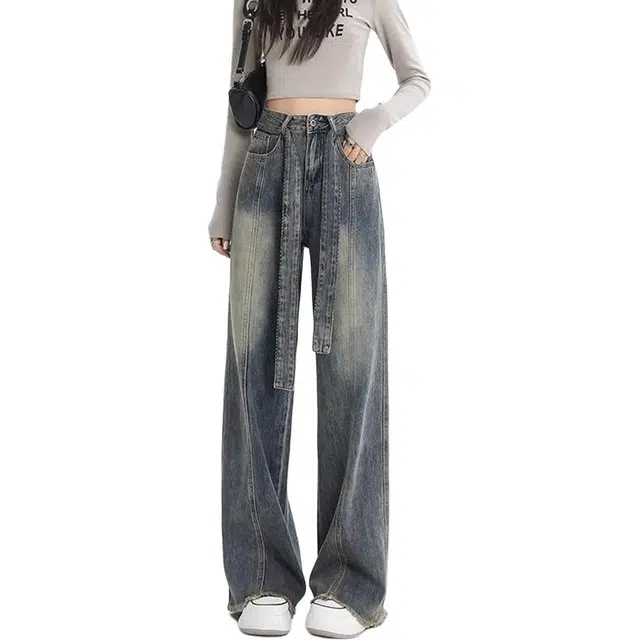 荟萃阁 百搭水洗做旧毛边高腰宽松显瘦阔腿裤子牛仔裤 女款