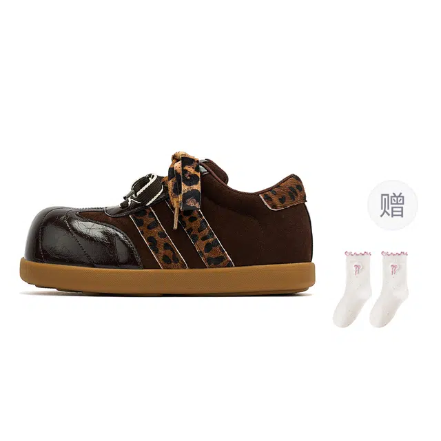 乐乐鱼 复古豹纹拼色贝壳头泡芙鞋丑萌大头 韩式简约 青春可爱 温柔甜美 气质百搭 个性小众 校园风 包裹性防滑耐磨增高 低帮 板鞋 女