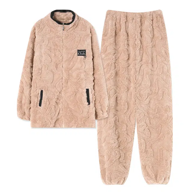 俏霓桐 时尚潮流高级感法兰绒保暖蓄温加绒休闲长袖长裤家居服可外穿睡衣套装 男款