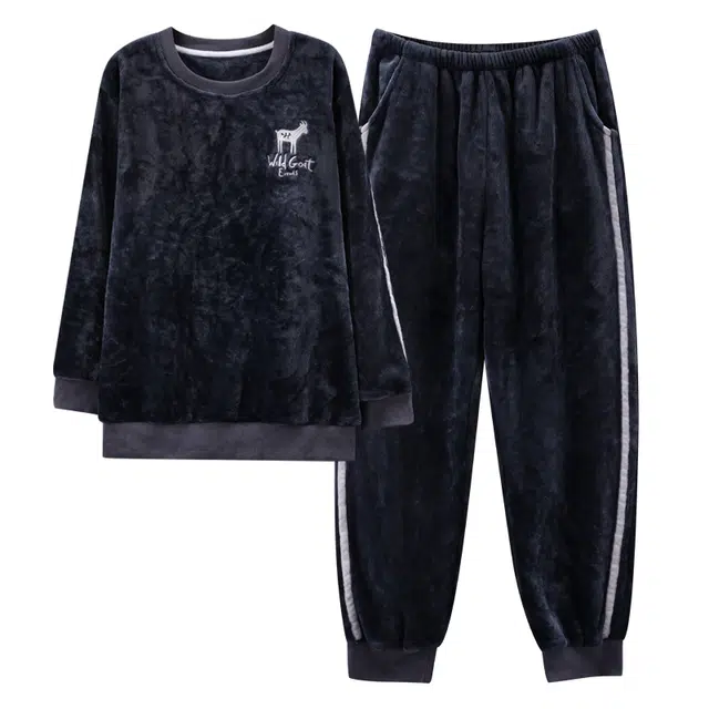 俏霓桐 时尚简约高级感法兰绒加绒保暖蓄温圆领长袖长裤家居服可外穿睡衣套装 男款