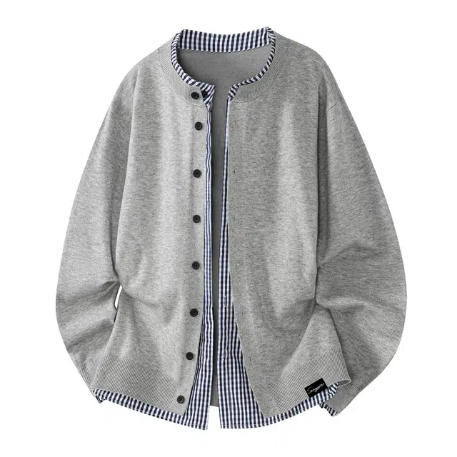 颂希尔 美式复古慵懒风简约百搭假两件长袖开衫外套秋季设计感格子拼接休闲舒适针织衫 男女同款