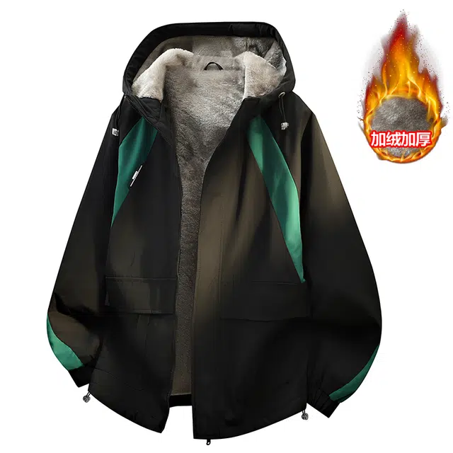 左岸 加绒加厚美式潮流百搭撞色拼接带帽拉链开衫上衣宽松休闲防风保暖秋冬工装外套夹克 男款