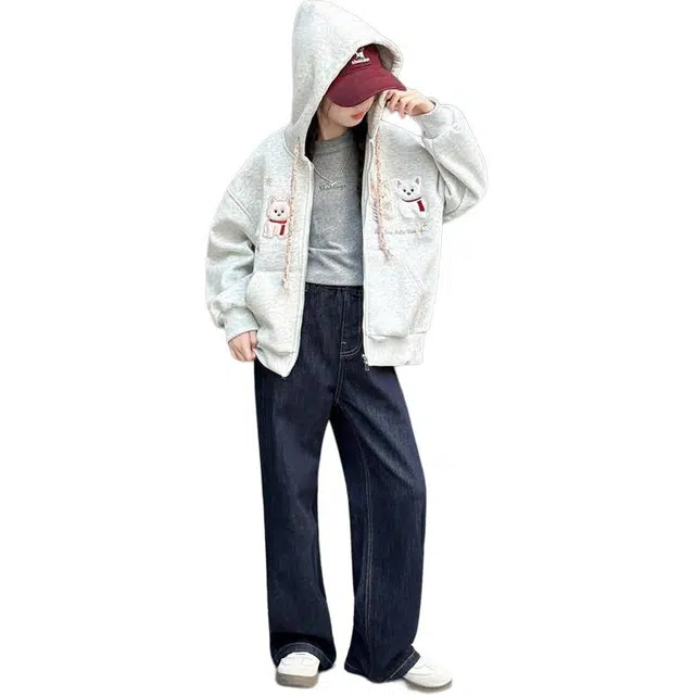 蓝彩何卫衣 女童秋冬款韩版休闲加厚连帽衣外套中大童洋气儿童棒球服秋装潮