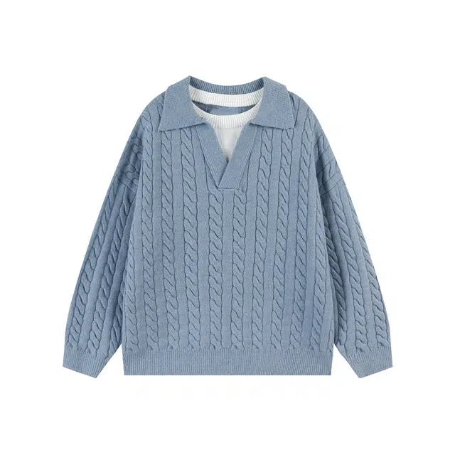 港仔文艺男 美式复古假两件撞色拼接保暖宽松麻花纹理慵懒学院风舒适百搭落肩套头打底衫上衣休闲简约潮流针织衫 男女同款