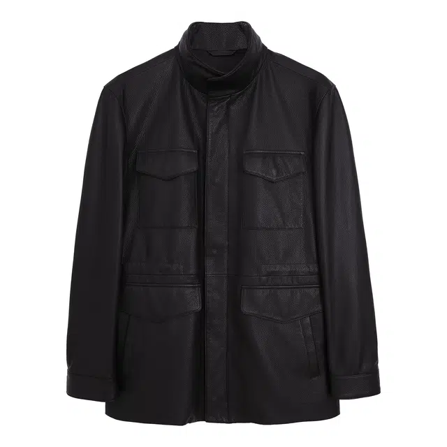 丹宁哲学 高端新西兰荔枝纹鹿皮纯色长袖立领直筒型皮衣 男款