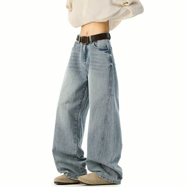 宝米卡 美式复古水洗猫须秋夏季宽松直筒男生阔腿休闲裤子牛仔裤 男女同款