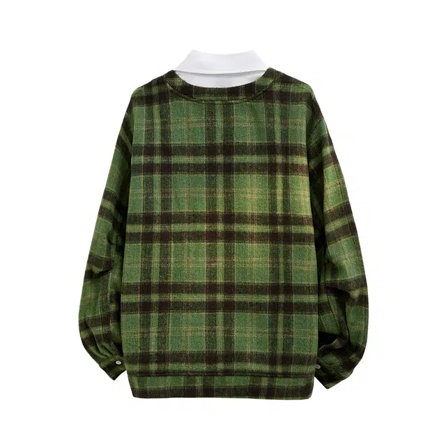 冰飞 美式复古潮牌字母假两件格子通勤学院风衬衫领日常宽松外套户外运动百搭长袖卫衣 男女同款