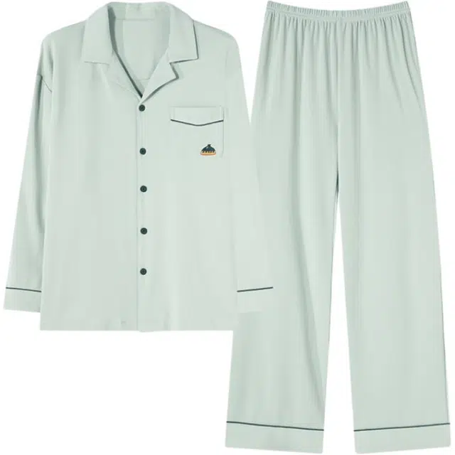 浮光岛屿 礼盒款 春秋款纯棉舒适简约纯色高级感睡衣男时尚休闲宽松可外穿家居服 家居套装 男款 淡青色