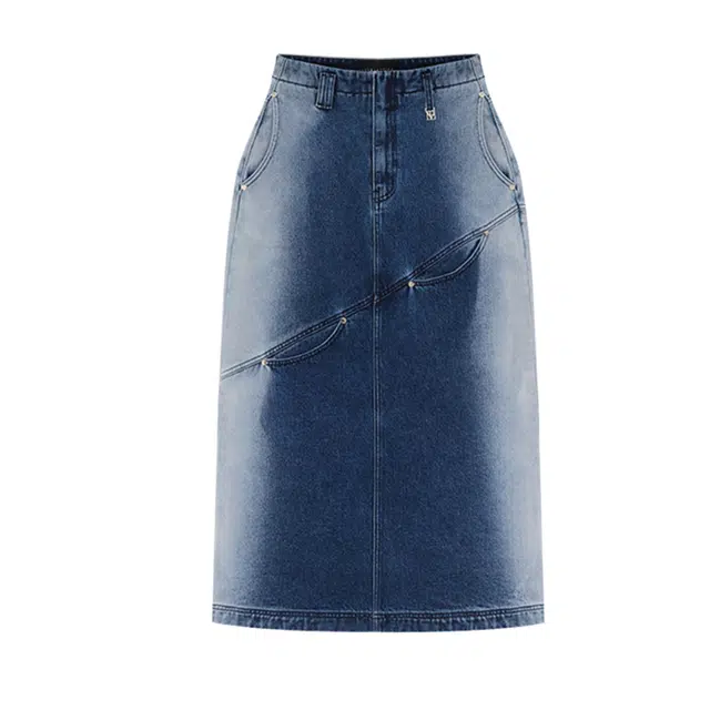 TREEMINGBIRD Curved Pocket Cut Denim Skirt