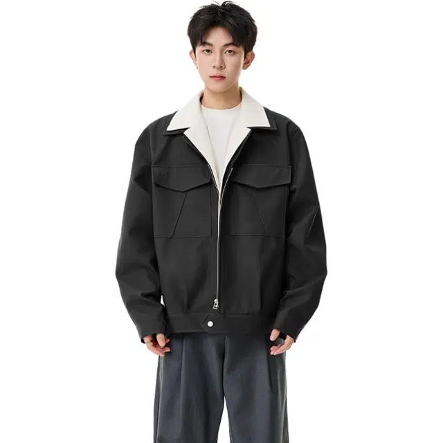 佐菲利 老钱风假两件拼接美式复古水洗麂皮正肩外套高智感穿搭夹克 男女同款