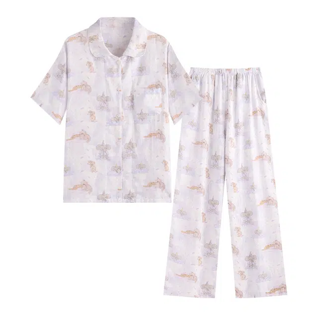 侘町 秋季香芋紫大象卡通纯棉棉纱柔软透气亲肤宽松休闲睡衣套装 女款 紫色