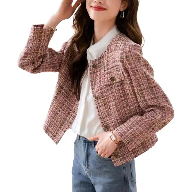 纤丝鸟 甜美小香风简约时尚气质短款单排扣上衣截短外套 女款