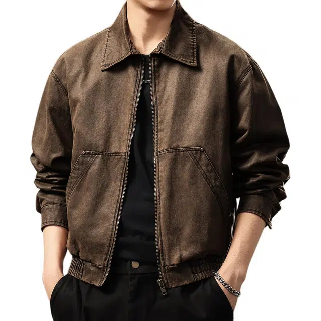 贵色 高端美拉德复古短款硬汉油蜡皮潮牌美式休闲痞帅机车风工装翻领做旧百搭夹克外套 男女同款