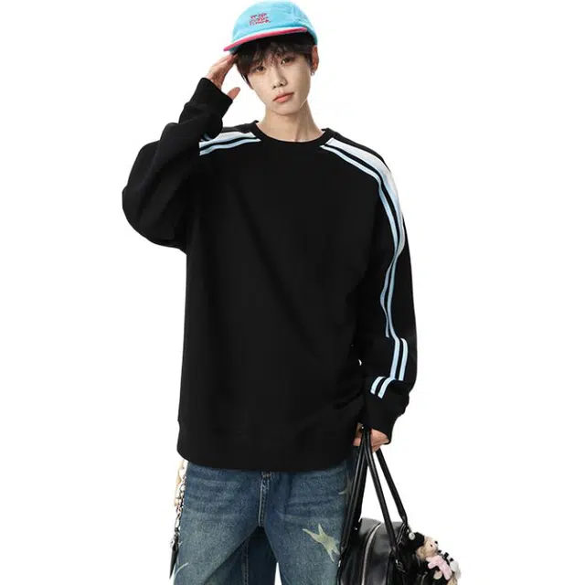 洋气先生 洋气潮牌美式痞帅感拼接撞色条纹圆领套头打底衫上衣无性别主义学院风舒适潮流宽松保暖日常通勤百搭长袖卫衣 男女同款