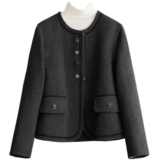 丝柏舍 圆领绵羊毛上衣宽松款长袖单排扣双面呢截短外套 女款