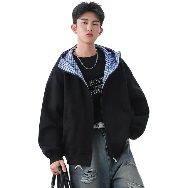 协协乐 美式复古格子拼接连帽开衫外套上衣男秋冬季宽松显瘦情侣帽衫青少年痞帅设计小众款卫衣 男款