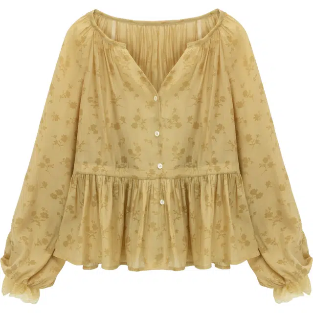 谜秀 黄色暗纹印花秋灯笼袖长袖法式衬衫 女款