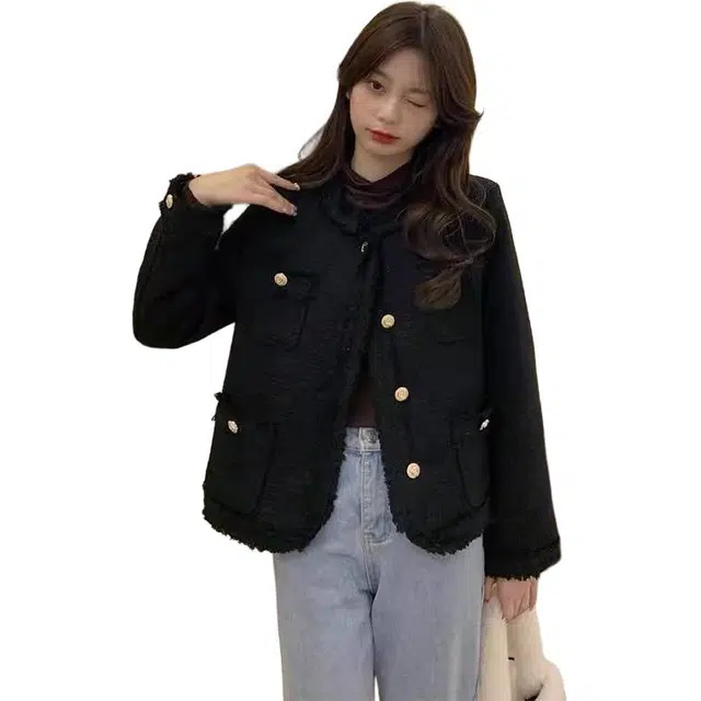 纤丝鸟 小香风修身显瘦法式名媛圆领单排扣休闲上衣截短外套 女款