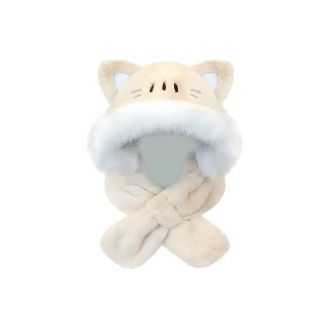 恩僾德 猫咪耳朵毛绒帽子显脸小围巾一体女秋冬季可爱小众高颜值保暖护耳雷锋帽骑车防寒潮 聚酯纤维 斗篷帽 男女同款情侣款