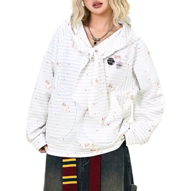 兰缪 甜美可爱条纹慵懒风宽松别针徽章奶呼呼印花连帽卫衣 女款