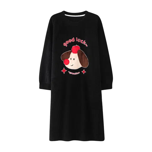 顶瓜瓜 圆领设计宽松长袖可外穿卡通小狗保暖加绒家居服睡裙 女款