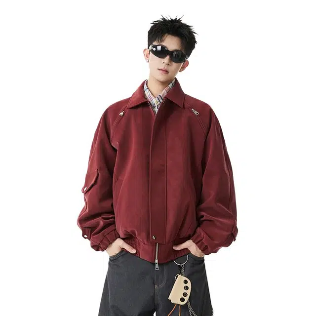 佐菲利 美式冰裂纹皮面工装美拉德宽松休闲外套潮流痞帅上衣夹克 男女同款